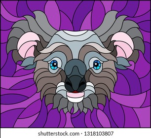 The illustration in stained glass style painting with a koala bear head , on purple background, square image