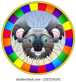 The illustration in stained glass style painting with a koala bear's head , a circular image with bright frame
