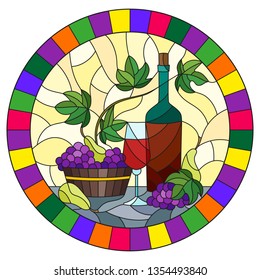 The illustration in stained glass style painting with a still life, a bottle of wine, glass and grapes on a yellow background, round image in bright frame