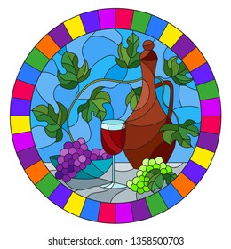 The illustration in stained glass style painting with a still life, a jug of wine, glass and grapes on a blue background,oval image in bright frame