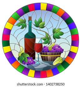 The illustration in stained glass style painting with a still life, a bottle of wine, glass and grapes on a blue background, round image in bright frame