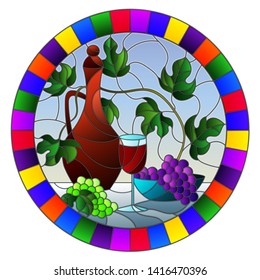 The illustration in stained glass style painting with a still life, a jug of wine, glass and grapes on a blue background,oval image in bright frame