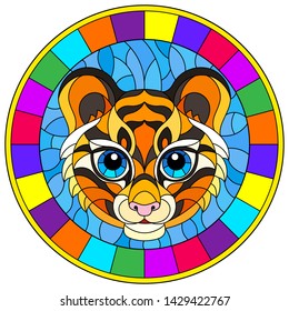 The illustration in stained glass style painting with a tiger's head , a circular image with bright frame