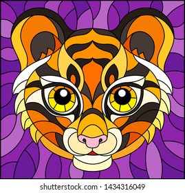 The illustration in stained glass style painting with a tiger's head on a purple background