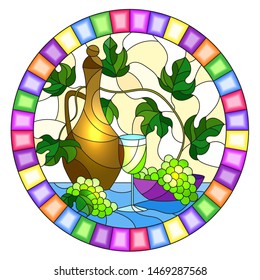 The illustration in stained glass style painting with a still life, a jug of wine, glass and grapes on a yellow background,oval image in bright frame