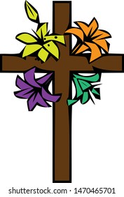 The illustration in stained glass style painting on religious themes, stained glass window in the shape of a Christian cross decorated with flowers isolated on white background.