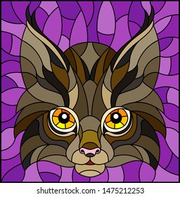 The illustration in stained glass style painting with a lynx's head on a purple background