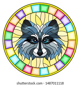 The illustration in stained glass style painting with a raccoon head , a circular image with bright frame