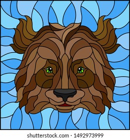 The illustration in stained glass style painting with a bear's head , on a blue background, square image