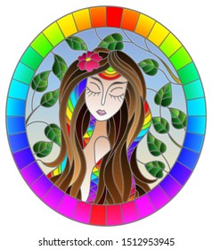 The illustration in stained glass style painting with a girl with brown hair and tree branches on background of blue sky, oval image in rainbow frame 