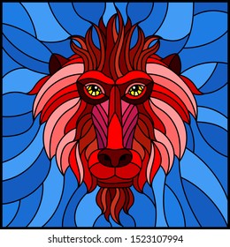 The illustration in stained glass style painting with a red monkey's head on bink background , rectangle image