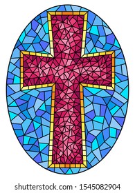 The illustration in stained glass style painting on religious themes, stained glass window in the shape of a pink Christian cross , on a blue background , oval image