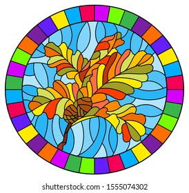 The illustration in stained glass style painting with a branch of autumn oak leaves and acorns on a blue background, oval image in bright frame