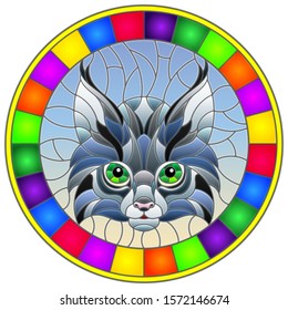 The illustration in stained glass style painting with a lynx's head on a blue background, round image in bright frame