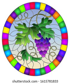 The illustration in stained glass style painting with a bunch of red grapes and leaves on a blue background, oval image in bright frame 