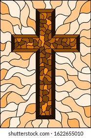 The illustration in stained glass style painting on religious themes, stained glass window with a  Christian cross , tone brown, sepia 