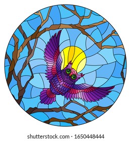 The illustration in stained glass style painting with the fabulous purple owl in the day sky and sun in between the branches of the tree, round image