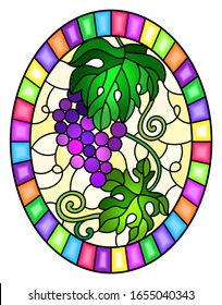The illustration in stained glass style painting with a bunch of red grapes and leaves on a yellow  background, oval image in bright frame