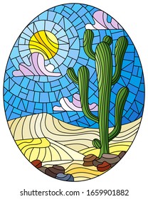 The illustration in stained glass style painting with desert landscape, cactus in a lbackground of dunes, sky and sun, oval image