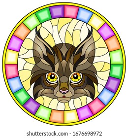 The illustration in stained glass style painting with a lynx's head on a yellow background, round image in bright frame