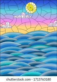 The illustration in stained glass style painting abstract landscape sea waves on the background of Sunny sky and clouds