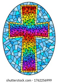 The illustration in stained glass style painting on religious themes, stained glass window in the shape of a rainbow Christian cross , on a blue background , oval image