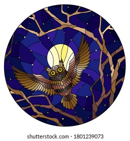 The illustration in stained glass style painting with the fabulous owl in the night starry sky and moon in between the branches of the tree, round image