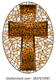 The illustration in stained glass style painting on religious themes, stained glass window in the shape of a Christian cross, oval image, tone brown, sepia