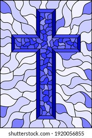 The illustration in stained glass style painting on religious themes, stained glass window with a  Christian cross , monochrome, tone blue