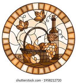 The illustration in stained glass style painting with a still life, a bottle of wine,  and fruits on a light background,oval image in a frame, monochrome,tone brown