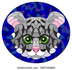 The illustration in stained glass style painting with a tiger's head on a blue background, oval image