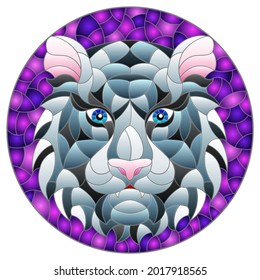 The illustration in stained glass style painting with a tiger's head on a purple background, round image