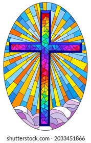 The illustration in stained glass style painting on religious themes, stained glass window in the shape of a rainbow Christian cross , on a blue background, oval image