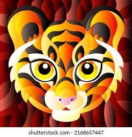 The illustration in stained glass style painting with a tiger's head on a red background