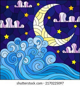 The illustration in stained glass style painting abstract landscape sea waves on the background of  sky and clouds with moon