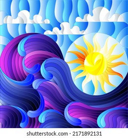 The illustration in stained glass style painting abstract landscape sea waves on the background of Sunny sky and clouds