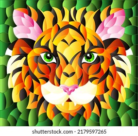 The illustration in stained glass style painting with a tiger's head on a green background, rectangular image