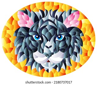 The illustration in stained glass style painting with a tiger's head on an orange background, round image