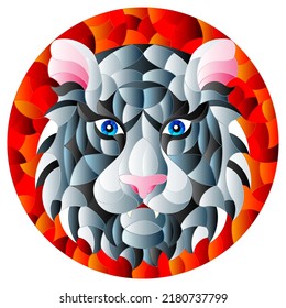 The illustration in stained glass style painting with a tiger's head on a red background, round image