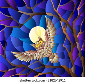 The illustration in stained glass style painting with the owl in the night sky and moon in between the branches of the tree