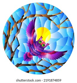 The illustration in stained glass style painting with the fabulous purple owl in the day sky and sun in between the branches of the tree, round image