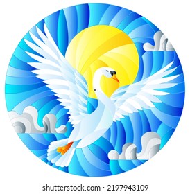 The illustration in stained glass style painting with a flying white swan on the background of sky, sun and clouds, the oval image 
