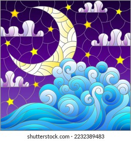 The illustration in stained glass style painting abstract landscape sea waves on the background of  sky and clouds with moon