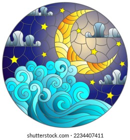 The illustration in stained glass style painting abstract landscape sea waves on the background of  sky and clouds with moon