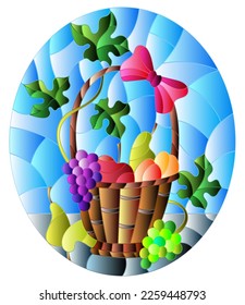 The illustration in stained glass style painting with a still life, fruit basket,  and fruits on a blue background, oval image