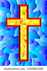 The illustration in stained glass style painting on religious themes, stained glass window in the shape of a yellow Christian cross , on a blue  background 