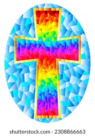The illustration in stained glass style painting on religious themes, stained glass window in the shape of a rainbow Christian cross , on a blue background , oval image