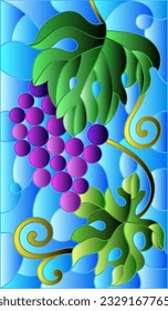 The illustration in stained glass style painting with a bunch of red grapes and leaves on a sky  background
