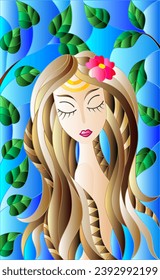 The illustration in stained glass style painting with a girl with brown hair and tree branches on background of blue sky