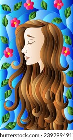 The illustration in stained glass style painting with a girl with brown hair and tree branches with flowers on background of blue sky